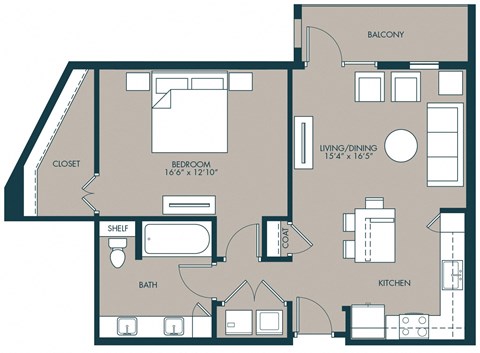 1 bedroom floorplan with 840 square feet at McKinney Village, McKinney